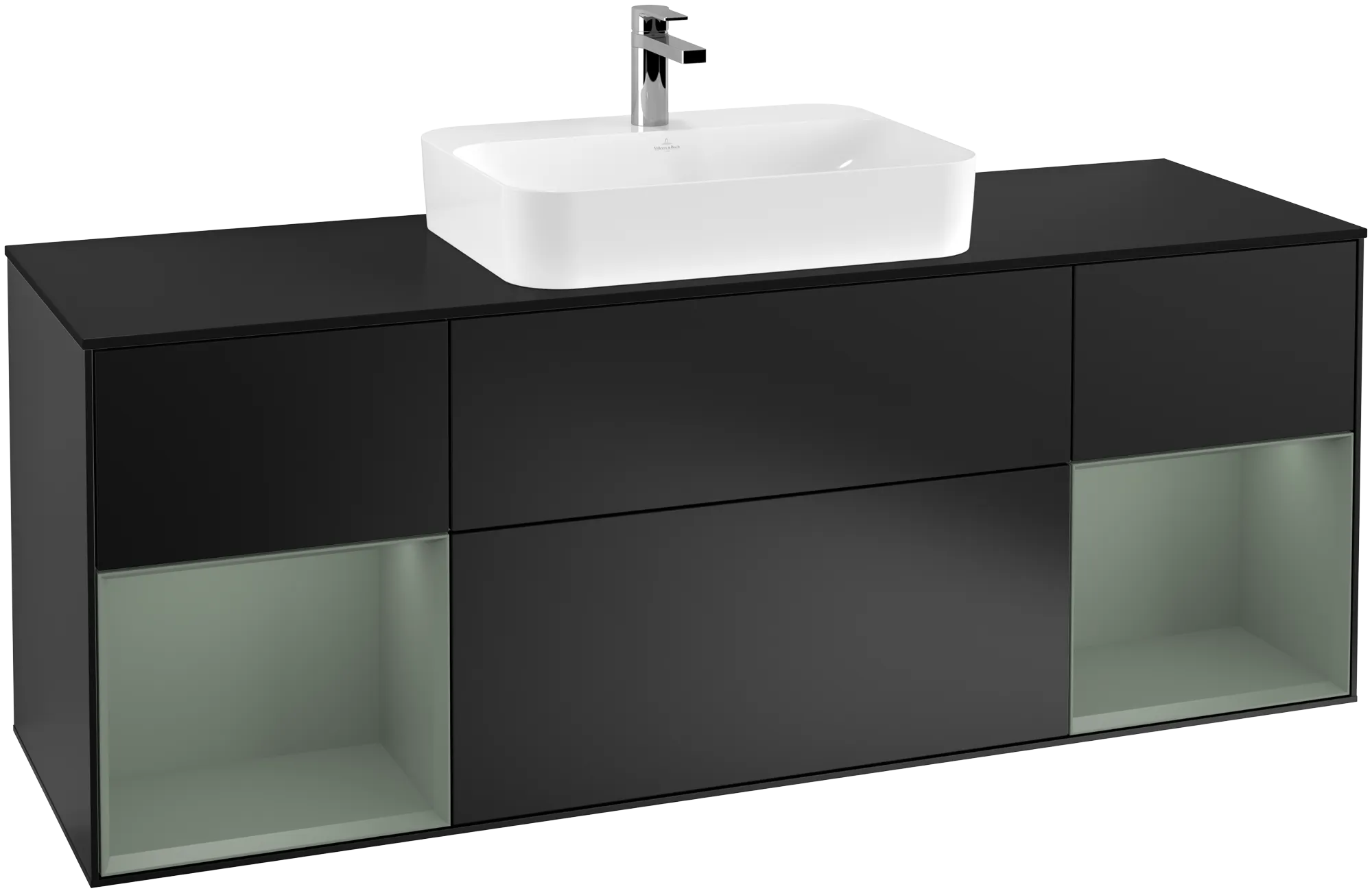 Bild von VILLEROY BOCH Finion Waschbeckenunterschrank, mit Beleuchtung, 4 Auszüge, 1600 x 603 x 501 mm, Black Matt Lacquer / Olive Matt Lacquer / Glass Black Matt #G452GMPD