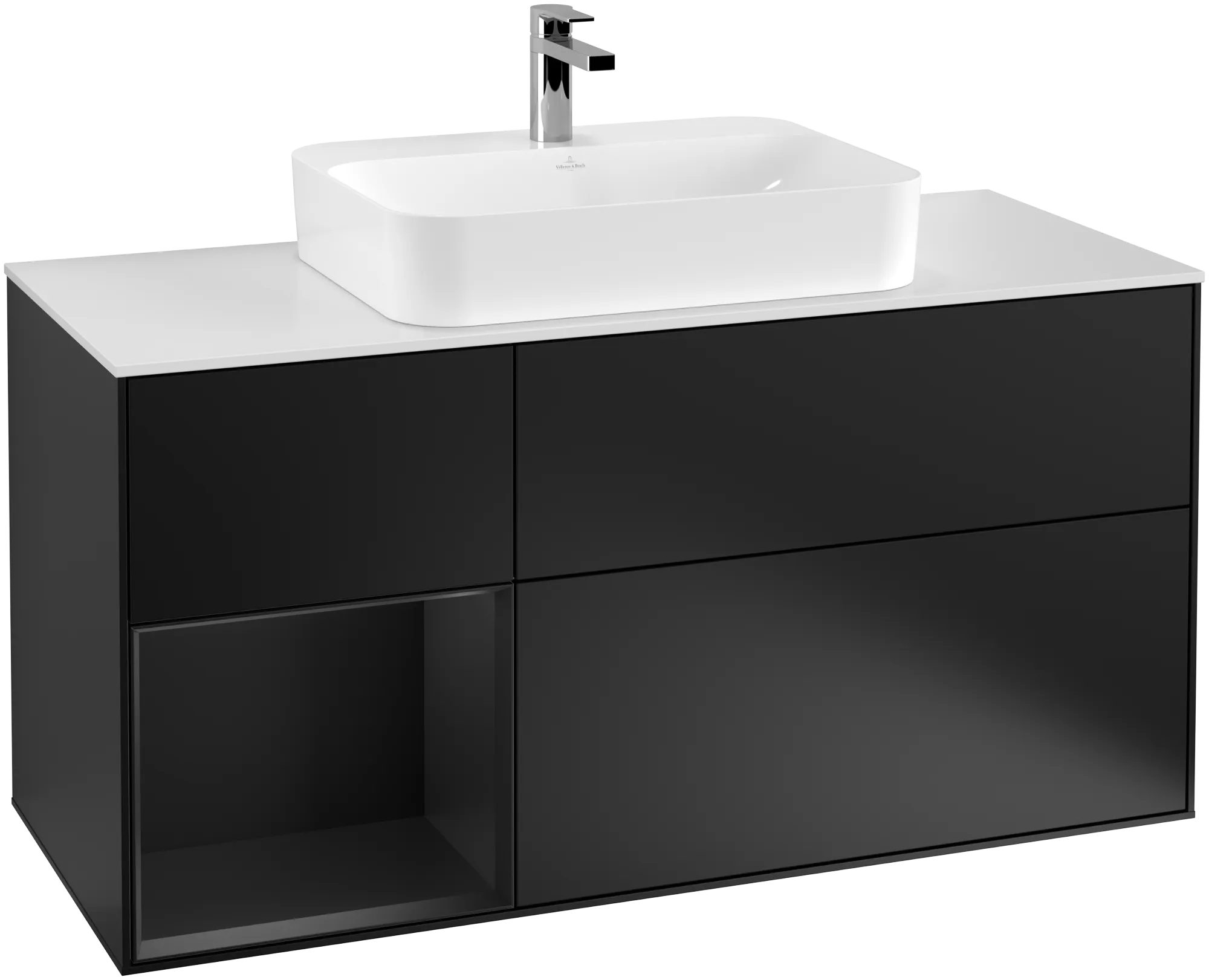 Obrázek VILLEROY BOCH Finion Vanity unit, with lighting, 3 pull-out compartments, 1200 x 603 x 501 mm, Black Matt Lacquer / Black Matt Lacquer / Glass White Matt #G411PDPD