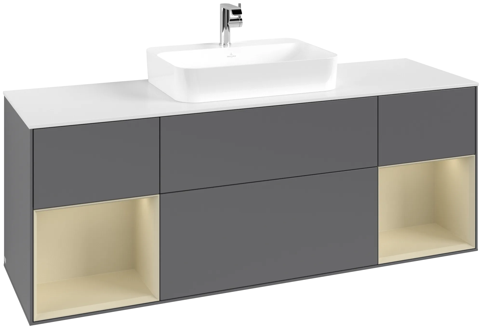 Bild von VILLEROY BOCH Finion Waschbeckenunterschrank, mit Beleuchtung, 4 Auszüge, 1600 x 603 x 501 mm, Anthracite Matt Lacquer / Silk Grey Matt Lacquer / Glass White Matt #G451HJGK