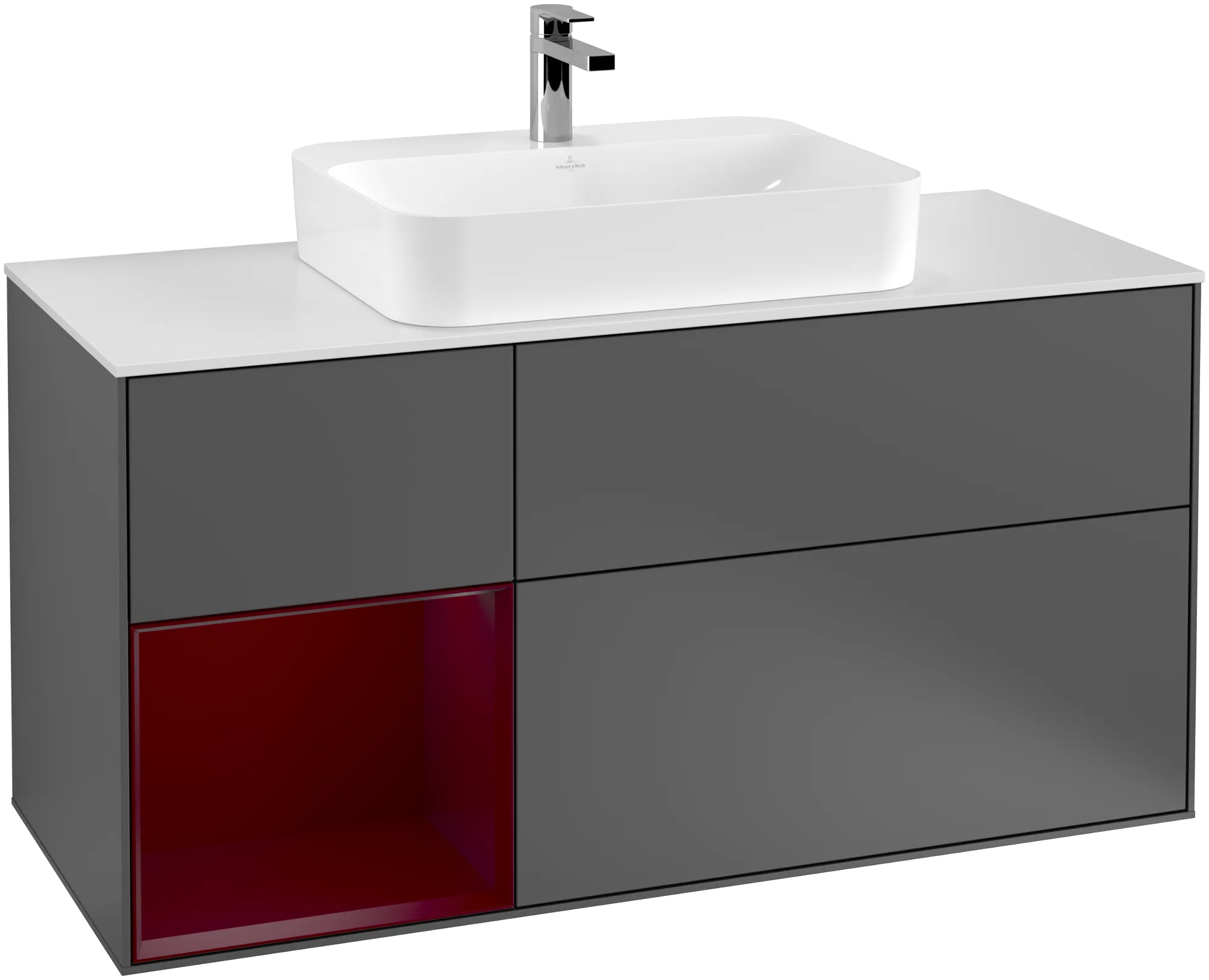 Bild von VILLEROY BOCH Finion Waschbeckenunterschrank, mit Beleuchtung, 3 Auszüge, 1200 x 603 x 501 mm, Anthracite Matt Lacquer / Peony Matt Lacquer / Glass White Matt #G411HBGK