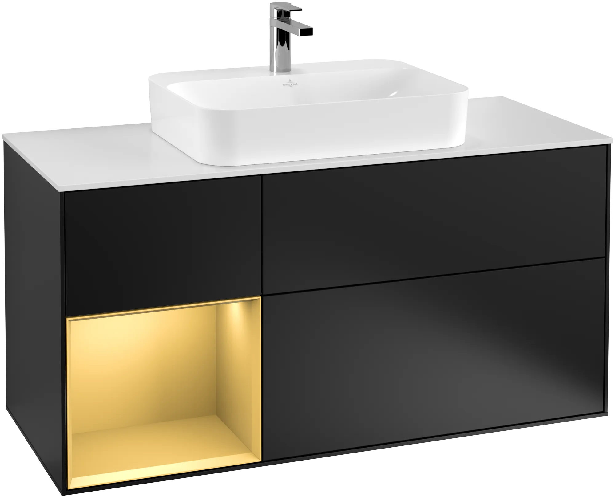 Bild von VILLEROY BOCH Finion Waschbeckenunterschrank, mit Beleuchtung, 3 Auszüge, 1200 x 603 x 501 mm, Black Matt Lacquer / Gold Matt Lacquer / Glass White Matt #G411HFPD