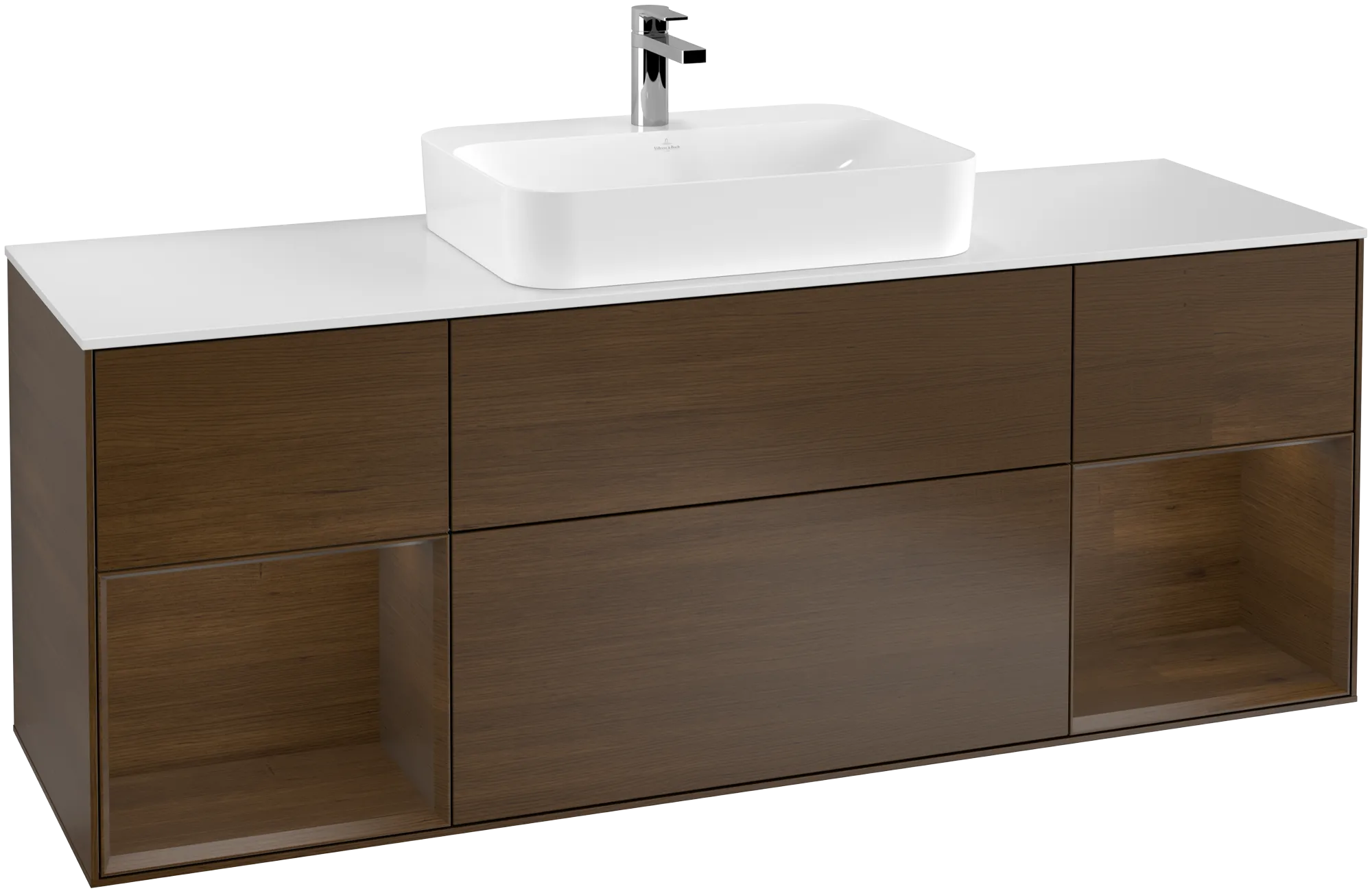Bild von VILLEROY BOCH Finion Waschbeckenunterschrank, mit Beleuchtung, 4 Auszüge, 1600 x 603 x 501 mm, Walnut Veneer / Walnut Veneer / Glass White Matt #G451GNGN