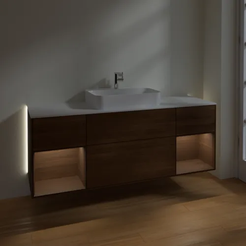 Bild von VILLEROY BOCH Finion Waschbeckenunterschrank, mit Beleuchtung, 4 Auszüge, 1600 x 603 x 501 mm, Walnut Veneer / Walnut Veneer / Glass White Matt #G451GNGN