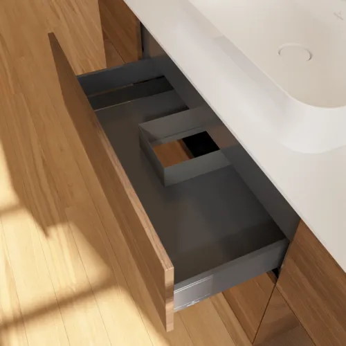 Bild von VILLEROY BOCH Finion Waschbeckenunterschrank, mit Beleuchtung, 4 Auszüge, 1600 x 603 x 501 mm, Walnut Veneer / Walnut Veneer / Glass White Matt #G451GNGN