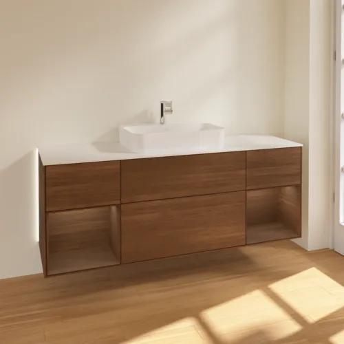 Bild von VILLEROY BOCH Finion Waschbeckenunterschrank, mit Beleuchtung, 4 Auszüge, 1600 x 603 x 501 mm, Walnut Veneer / Walnut Veneer / Glass White Matt #G451GNGN
