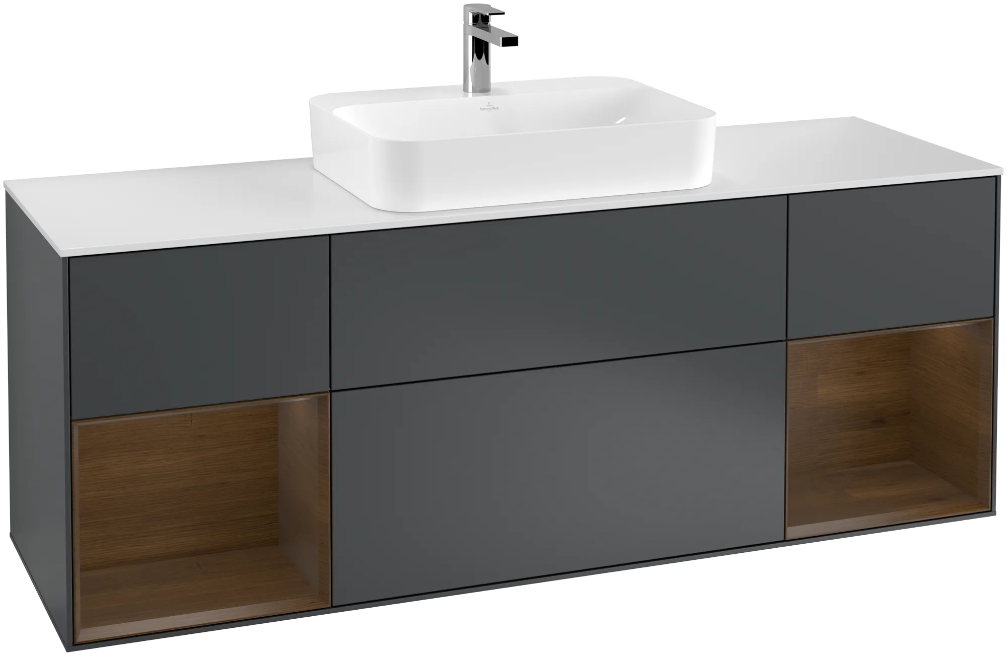 Bild von VILLEROY BOCH Finion Waschbeckenunterschrank, mit Beleuchtung, 4 Auszüge, 1600 x 603 x 501 mm, Midnight Blue Matt Lacquer / Walnut Veneer / Glass White Matt #G451GNHG
