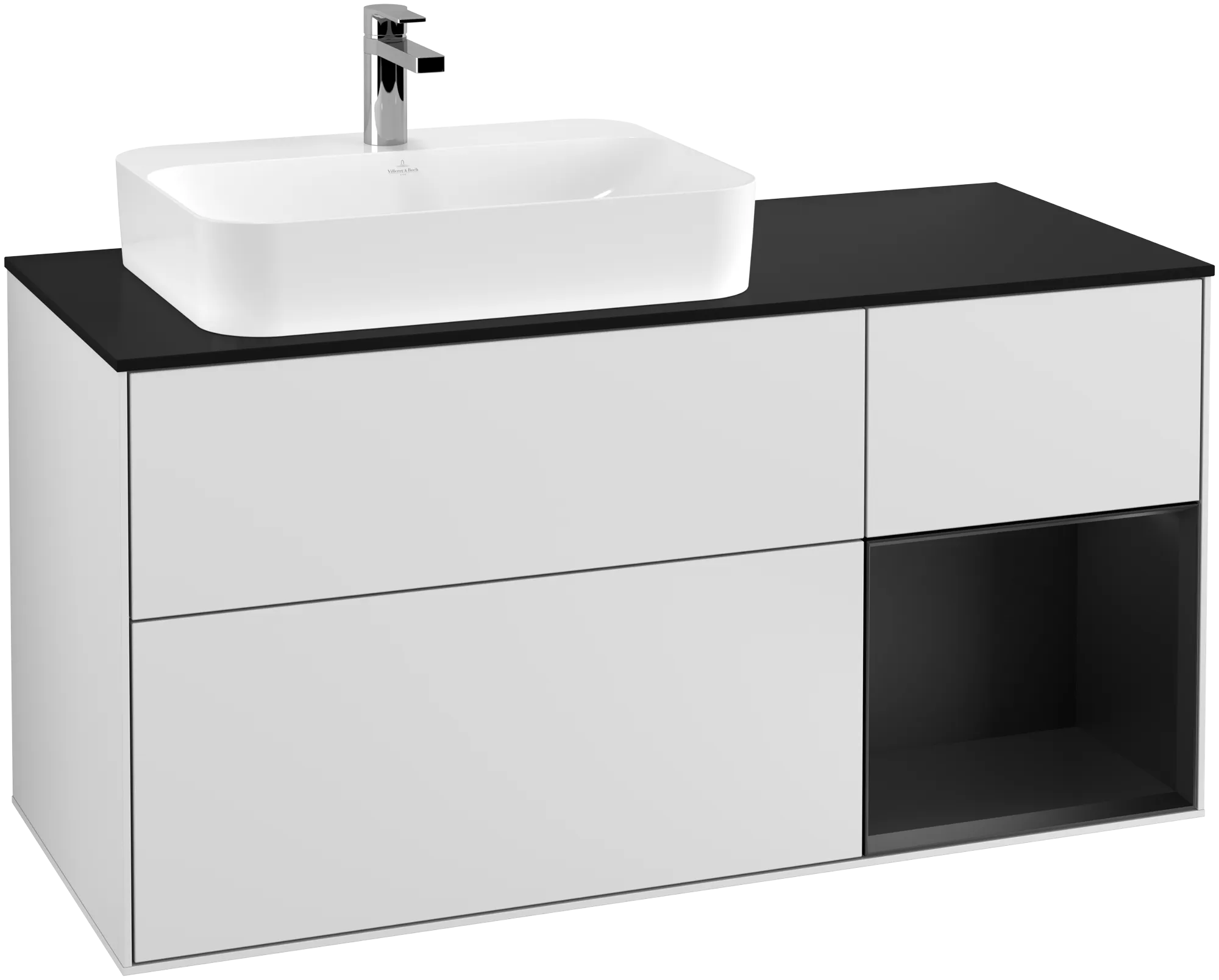 Picture of VILLEROY BOCH Finion Vanity unit, with lighting, 3 pull-out compartments, 1200 x 603 x 501 mm, White Matt Lacquer / Black Matt Lacquer / Glass Black Matt #G402PDMT