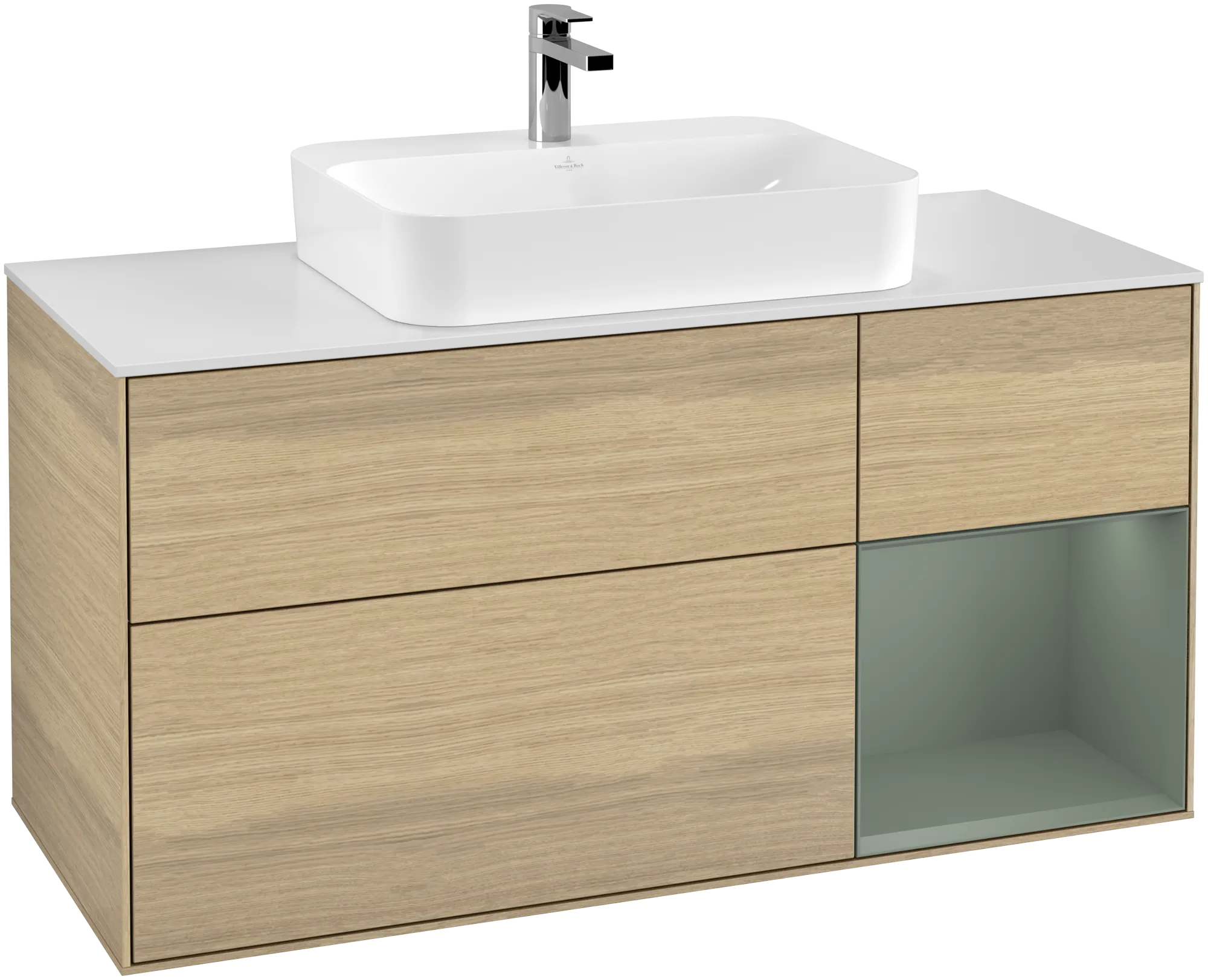 Bild von VILLEROY BOCH Finion Waschbeckenunterschrank, mit Beleuchtung, 3 Auszüge, 1200 x 603 x 501 mm, Oak Veneer / Olive Matt Lacquer / Glass White Matt #G421GMPC