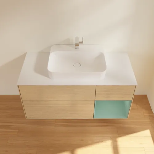 Bild von VILLEROY BOCH Finion Waschbeckenunterschrank, mit Beleuchtung, 3 Auszüge, 1200 x 603 x 501 mm, Oak Veneer / Olive Matt Lacquer / Glass White Matt #G421GMPC
