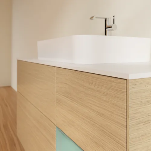 Bild von VILLEROY BOCH Finion Waschbeckenunterschrank, mit Beleuchtung, 3 Auszüge, 1200 x 603 x 501 mm, Oak Veneer / Olive Matt Lacquer / Glass White Matt #G421GMPC