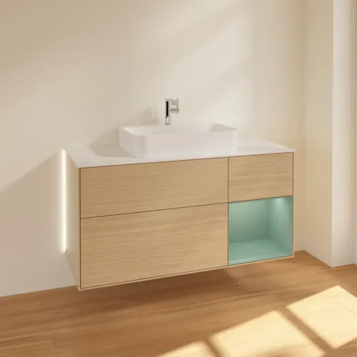 Bild von VILLEROY BOCH Finion Waschbeckenunterschrank, mit Beleuchtung, 3 Auszüge, 1200 x 603 x 501 mm, Oak Veneer / Olive Matt Lacquer / Glass White Matt #G421GMPC