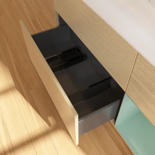 Bild von VILLEROY BOCH Finion Waschbeckenunterschrank, mit Beleuchtung, 3 Auszüge, 1200 x 603 x 501 mm, Oak Veneer / Olive Matt Lacquer / Glass White Matt #G421GMPC