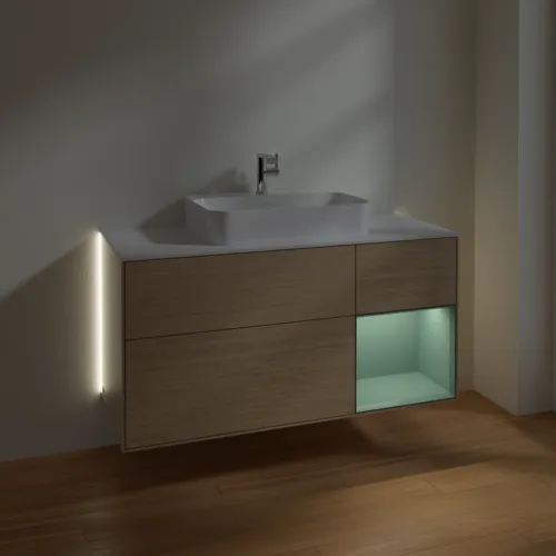 Bild von VILLEROY BOCH Finion Waschbeckenunterschrank, mit Beleuchtung, 3 Auszüge, 1200 x 603 x 501 mm, Oak Veneer / Olive Matt Lacquer / Glass White Matt #G421GMPC