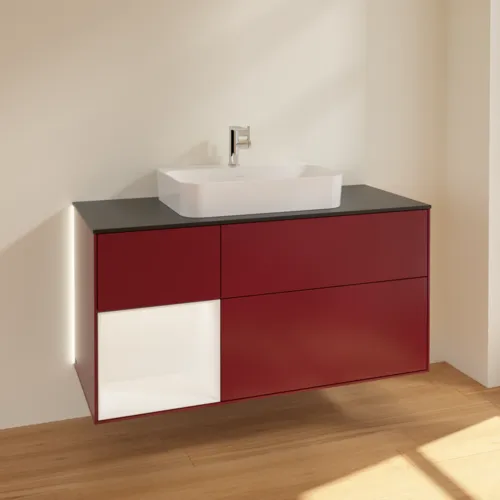 Picture of VILLEROY BOCH Finion Vanity unit, with lighting, 3 pull-out compartments, 1200 x 603 x 501 mm, Peony Matt Lacquer / White Matt Lacquer / Glass Black Matt #G412MTHB