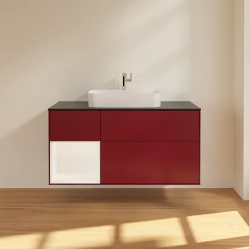 Picture of VILLEROY BOCH Finion Vanity unit, with lighting, 3 pull-out compartments, 1200 x 603 x 501 mm, Peony Matt Lacquer / White Matt Lacquer / Glass Black Matt #G412MTHB