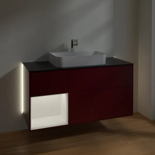 Picture of VILLEROY BOCH Finion Vanity unit, with lighting, 3 pull-out compartments, 1200 x 603 x 501 mm, Peony Matt Lacquer / White Matt Lacquer / Glass Black Matt #G412MTHB