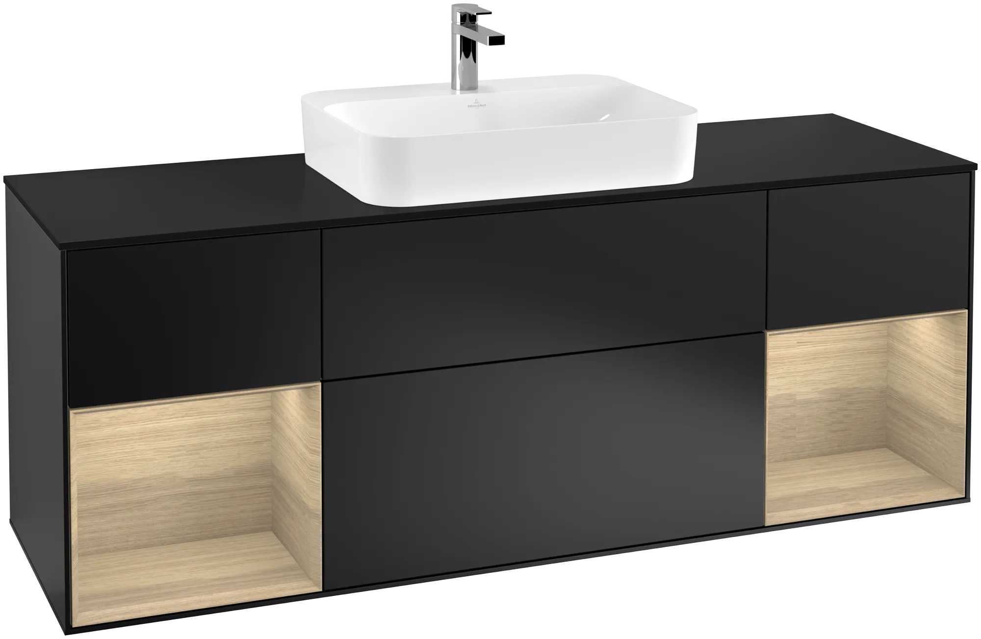 Bild von VILLEROY BOCH Finion Waschbeckenunterschrank, mit Beleuchtung, 4 Auszüge, 1600 x 603 x 501 mm, Black Matt Lacquer / Oak Veneer / Glass Black Matt #G452PCPD