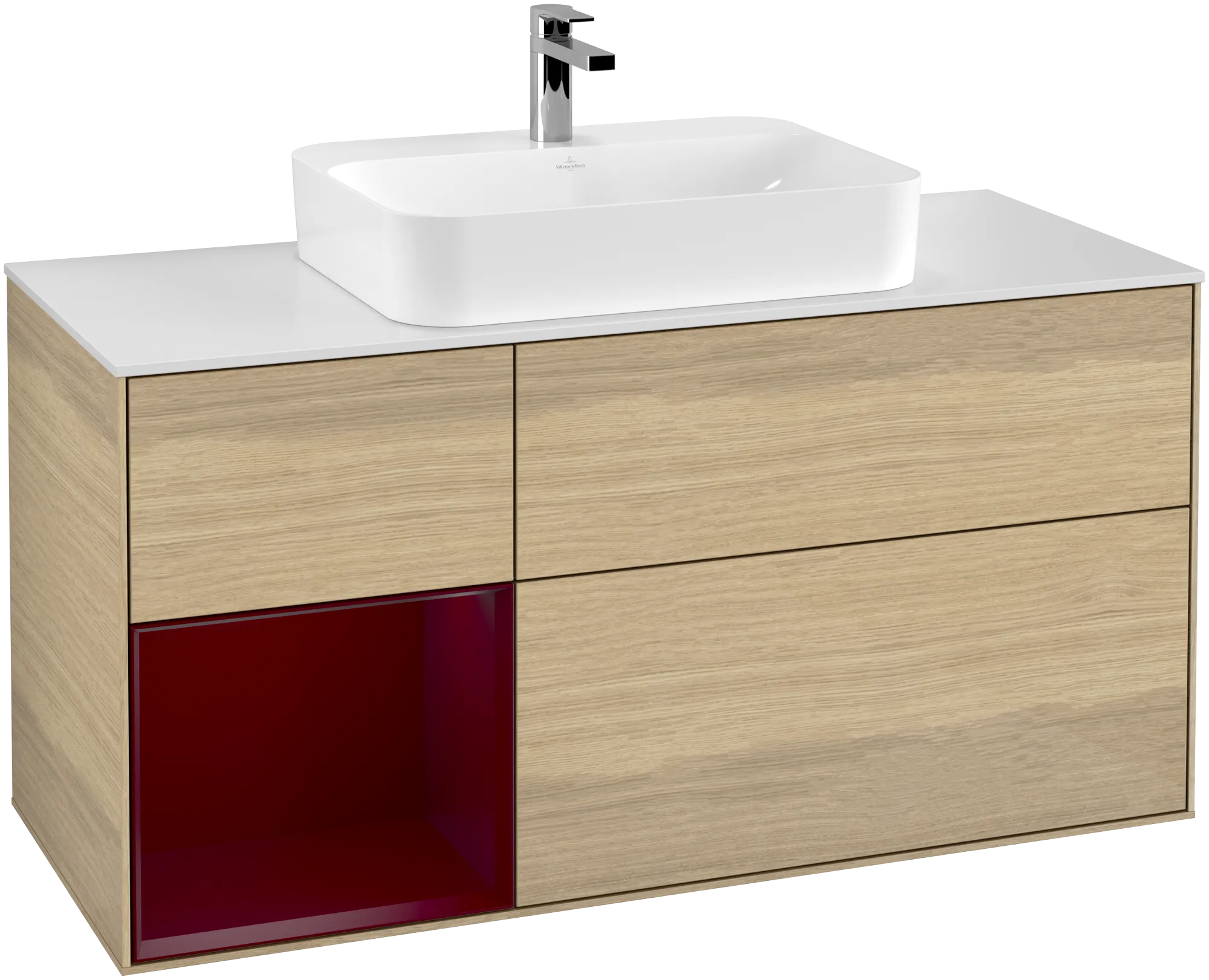 Bild von VILLEROY BOCH Finion Waschbeckenunterschrank, mit Beleuchtung, 3 Auszüge, 1200 x 603 x 501 mm, Oak Veneer / Peony Matt Lacquer / Glass White Matt #G411HBPC