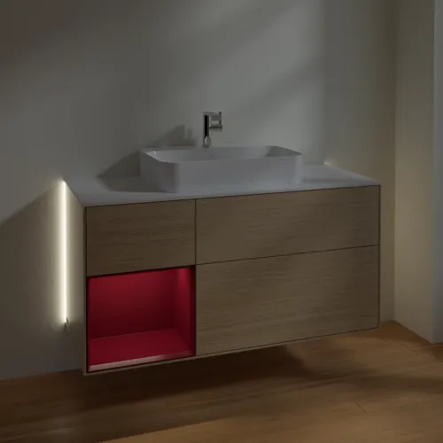 Bild von VILLEROY BOCH Finion Waschbeckenunterschrank, mit Beleuchtung, 3 Auszüge, 1200 x 603 x 501 mm, Oak Veneer / Peony Matt Lacquer / Glass White Matt #G411HBPC