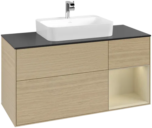 Bild von VILLEROY BOCH Finion Waschbeckenunterschrank, mit Beleuchtung, 3 Auszüge, 1200 x 603 x 501 mm, Oak Veneer / Silk Grey Matt Lacquer / Glass Black Matt #G422HJPC