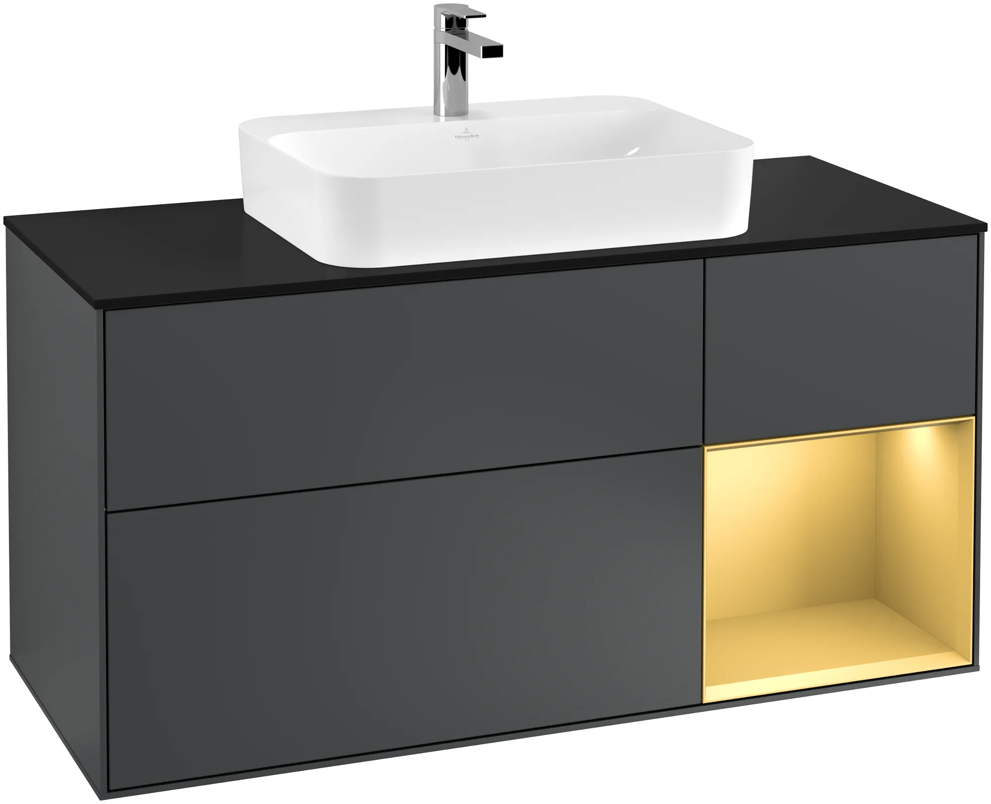 Bild von VILLEROY BOCH Finion Waschbeckenunterschrank, mit Beleuchtung, 3 Auszüge, 1200 x 603 x 501 mm, Midnight Blue Matt Lacquer / Gold Matt Lacquer / Glass Black Matt #G422HFHG