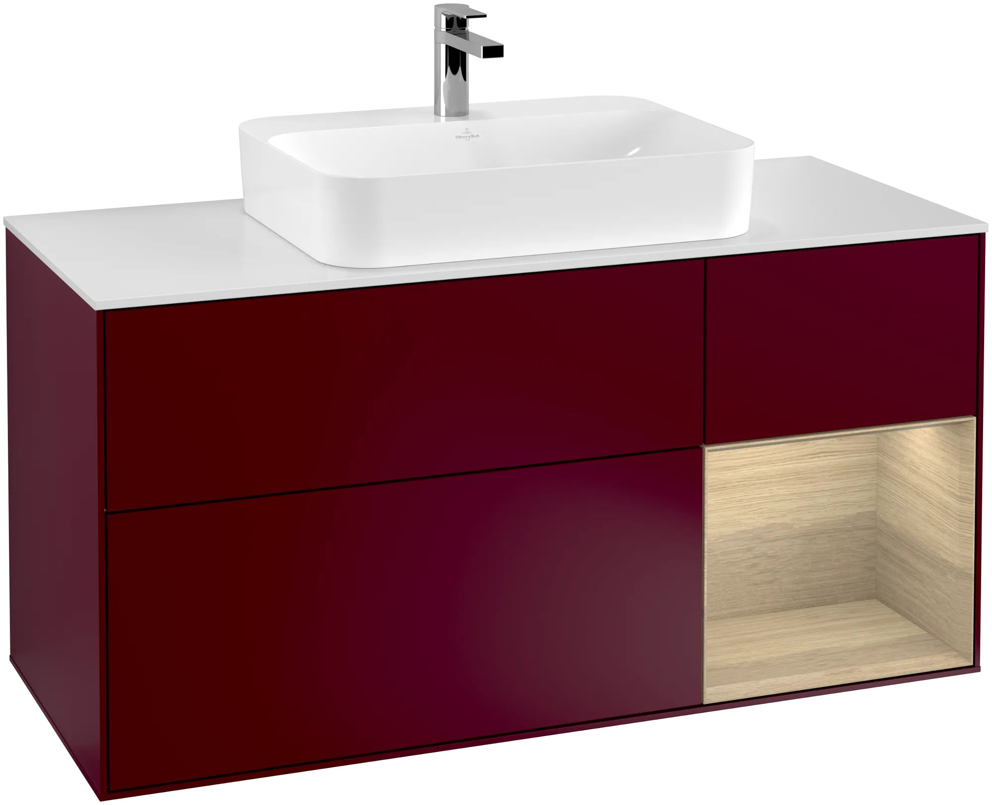 Bild von VILLEROY BOCH Finion Waschbeckenunterschrank, mit Beleuchtung, 3 Auszüge, 1200 x 603 x 501 mm, Peony Matt Lacquer / Oak Veneer / Glass White Matt #G421PCHB