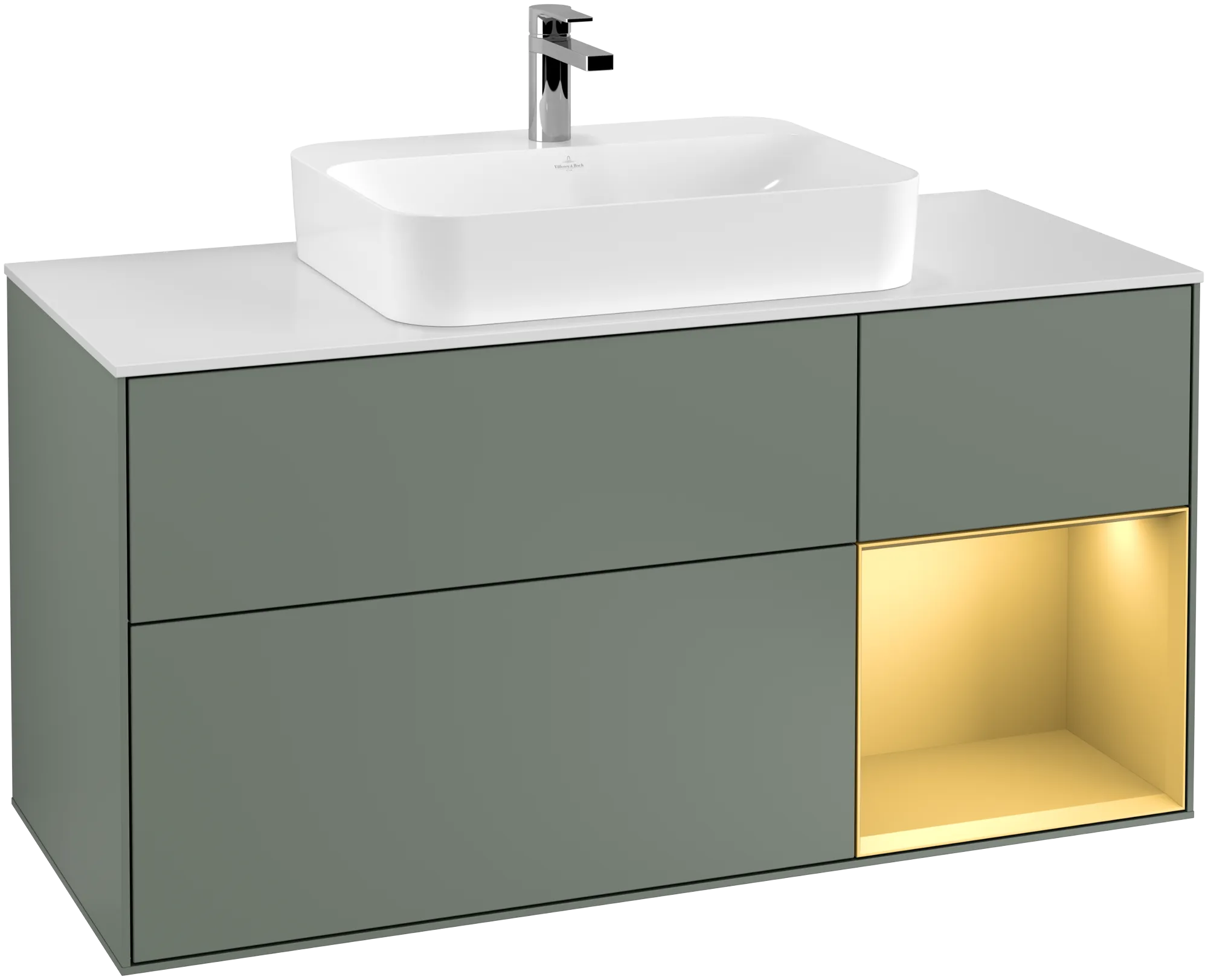 Bild von VILLEROY BOCH Finion Waschbeckenunterschrank, mit Beleuchtung, 3 Auszüge, 1200 x 603 x 501 mm, Olive Matt Lacquer / Gold Matt Lacquer / Glass White Matt #G421HFGM
