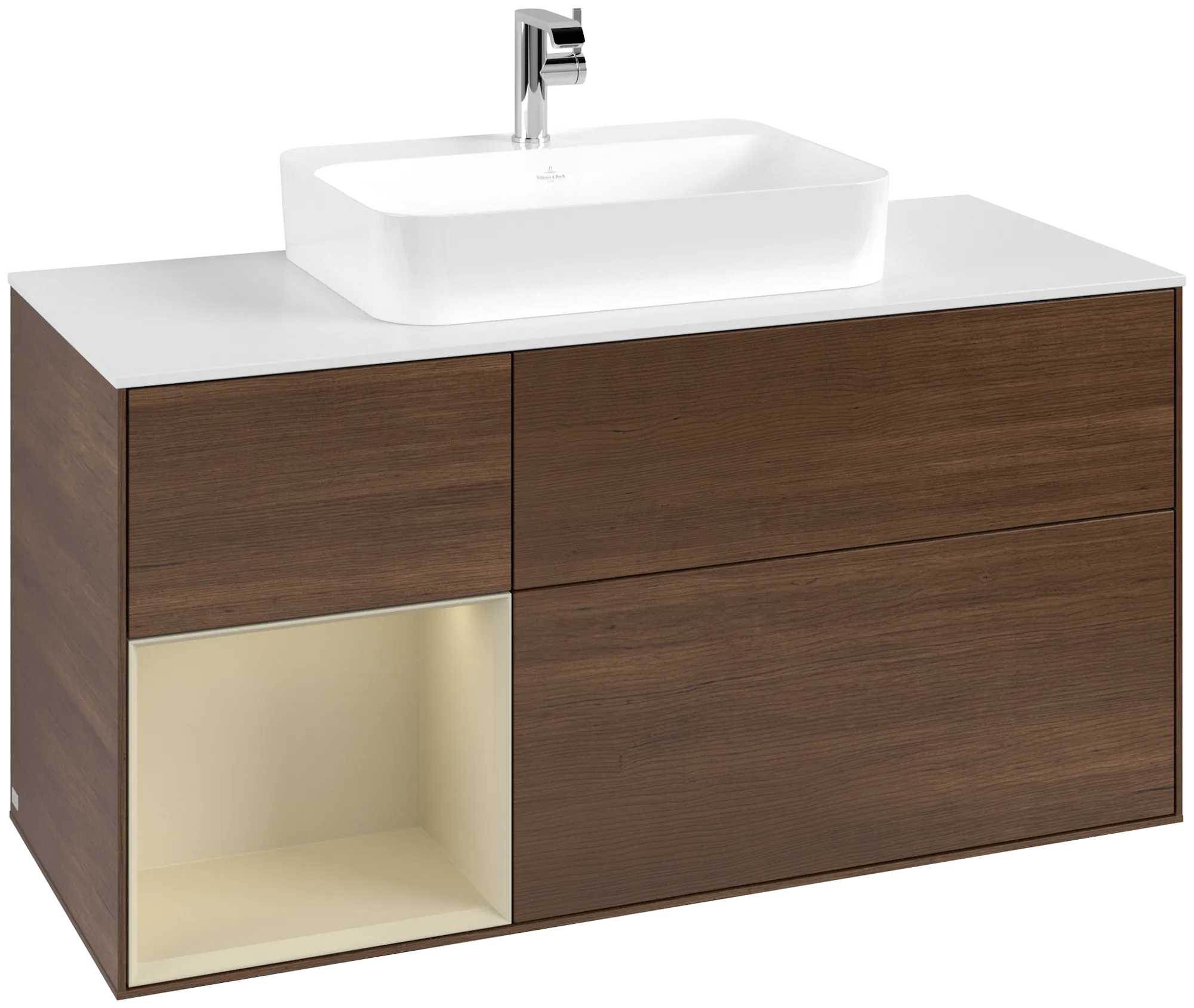 Bild von VILLEROY BOCH Finion Waschbeckenunterschrank, mit Beleuchtung, 3 Auszüge, 1200 x 603 x 501 mm, Walnut Veneer / Silk Grey Matt Lacquer / Glass White Matt #G411HJGN
