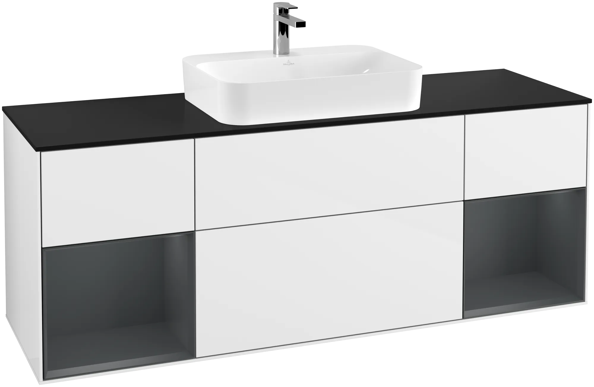Bild von VILLEROY BOCH Finion Waschbeckenunterschrank, mit Beleuchtung, 4 Auszüge, 1600 x 603 x 501 mm, Glossy White Lacquer / Midnight Blue Matt Lacquer / Glass Black Matt #G452HGGF