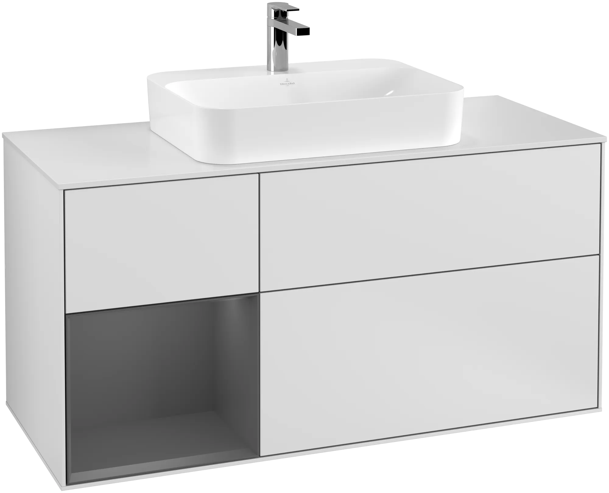 Bild von VILLEROY BOCH Finion Waschbeckenunterschrank, mit Beleuchtung, 3 Auszüge, 1200 x 603 x 501 mm, White Matt Lacquer / Anthracite Matt Lacquer / Glass White Matt #G411GKMT