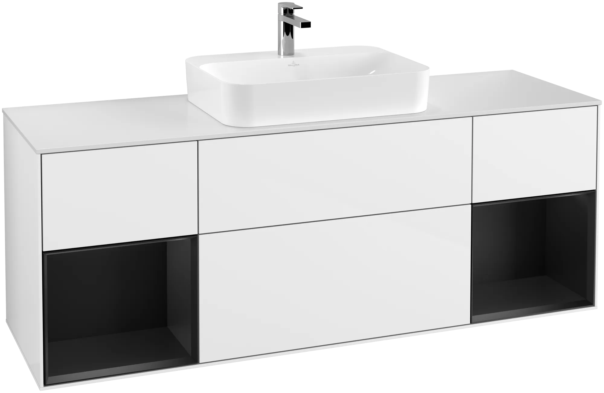Bild von VILLEROY BOCH Finion Waschbeckenunterschrank, mit Beleuchtung, 4 Auszüge, 1600 x 603 x 501 mm, Glossy White Lacquer / Black Matt Lacquer / Glass White Matt #G451PDGF