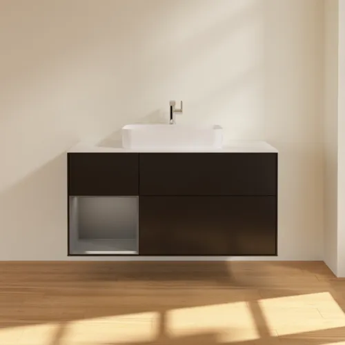Bild von VILLEROY BOCH Finion Waschbeckenunterschrank, mit Beleuchtung, 3 Auszüge, 1200 x 603 x 501 mm, Black Matt Lacquer / Anthracite Matt Lacquer / Glass White Matt #G411GKPD