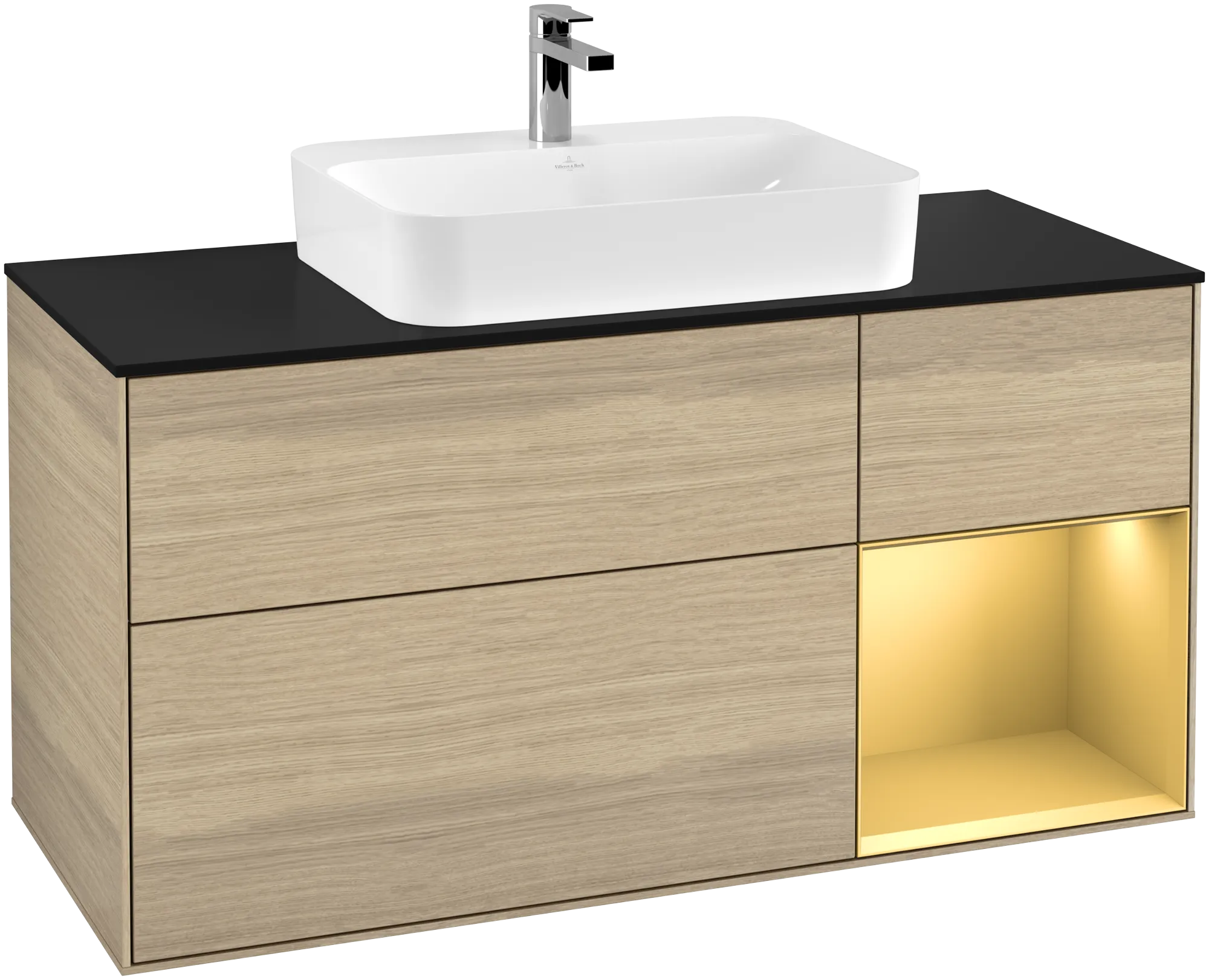 Bild von VILLEROY BOCH Finion Waschbeckenunterschrank, mit Beleuchtung, 3 Auszüge, 1200 x 603 x 501 mm, Oak Veneer / Gold Matt Lacquer / Glass Black Matt #G422HFPC