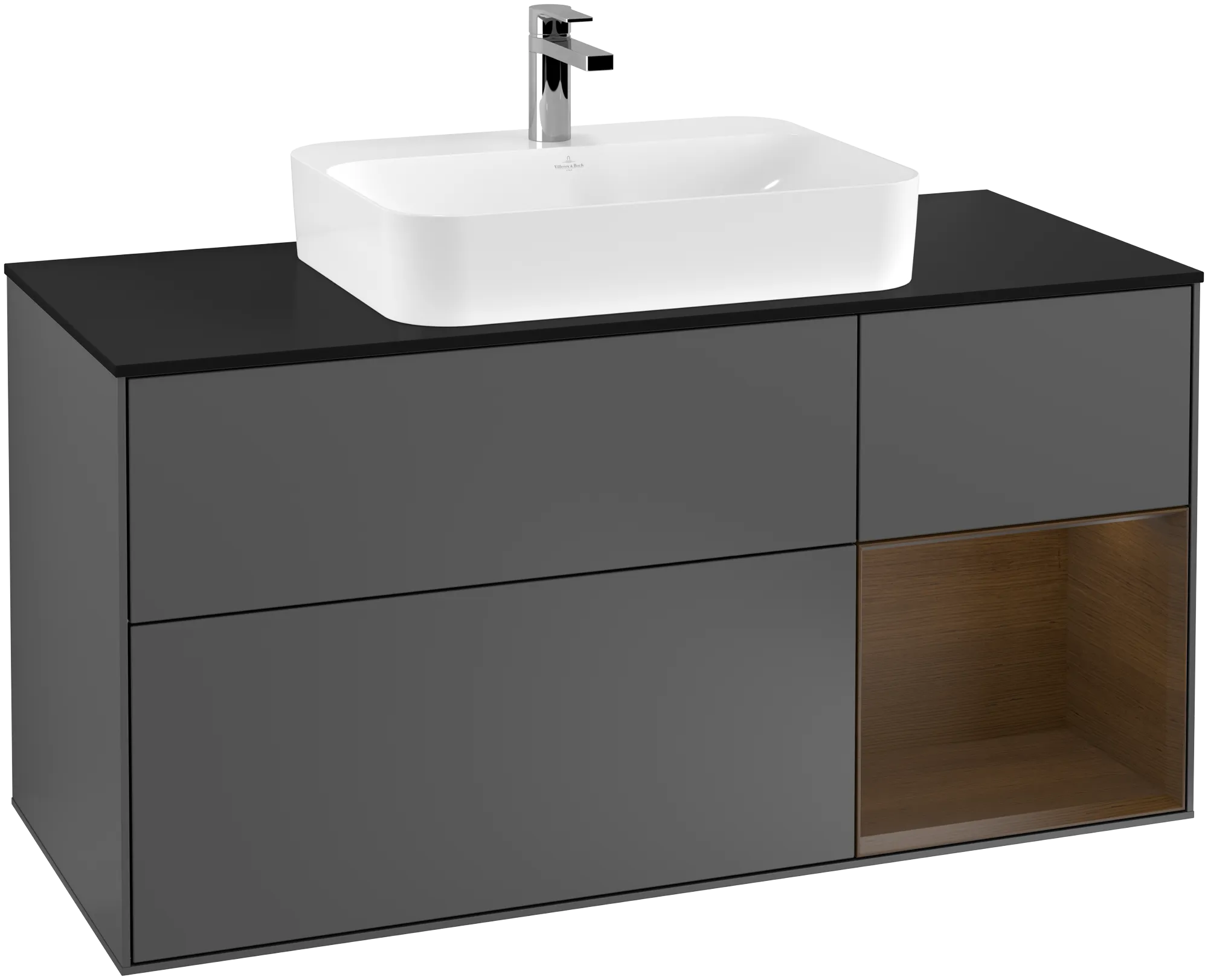 Bild von VILLEROY BOCH Finion Waschbeckenunterschrank, mit Beleuchtung, 3 Auszüge, 1200 x 603 x 501 mm, Anthracite Matt Lacquer / Walnut Veneer / Glass Black Matt #G422GNGK