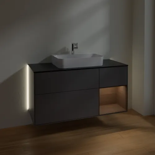 Bild von VILLEROY BOCH Finion Waschbeckenunterschrank, mit Beleuchtung, 3 Auszüge, 1200 x 603 x 501 mm, Anthracite Matt Lacquer / Walnut Veneer / Glass Black Matt #G422GNGK