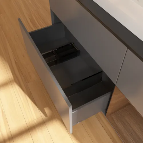 Bild von VILLEROY BOCH Finion Waschbeckenunterschrank, mit Beleuchtung, 3 Auszüge, 1200 x 603 x 501 mm, Anthracite Matt Lacquer / Walnut Veneer / Glass Black Matt #G422GNGK