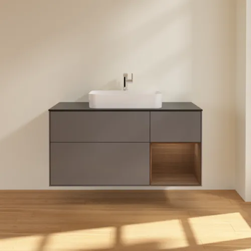 Bild von VILLEROY BOCH Finion Waschbeckenunterschrank, mit Beleuchtung, 3 Auszüge, 1200 x 603 x 501 mm, Anthracite Matt Lacquer / Walnut Veneer / Glass Black Matt #G422GNGK