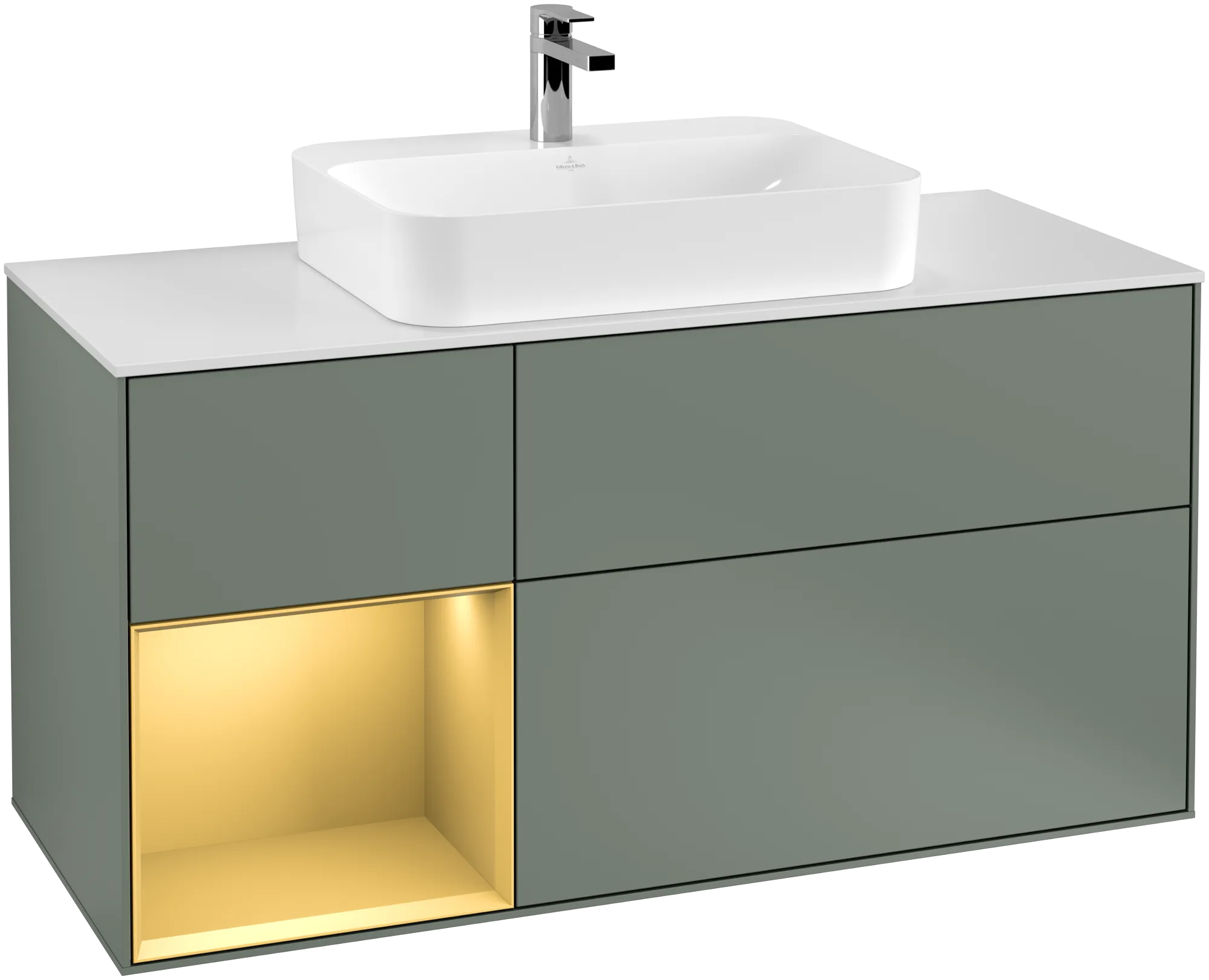 Bild von VILLEROY BOCH Finion Waschbeckenunterschrank, mit Beleuchtung, 3 Auszüge, 1200 x 603 x 501 mm, Olive Matt Lacquer / Gold Matt Lacquer / Glass White Matt #G411HFGM