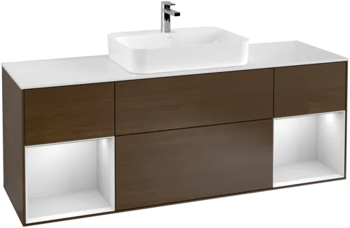 Bild von VILLEROY BOCH Finion Waschbeckenunterschrank, mit Beleuchtung, 4 Auszüge, 1600 x 603 x 501 mm, Walnut Veneer / White Matt Lacquer / Glass White Matt #G451MTGN
