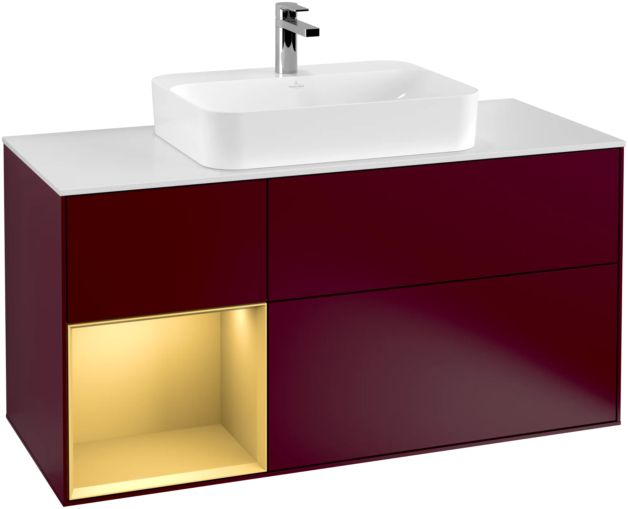 Obrázek VILLEROY BOCH Finion Vanity unit, with lighting, 3 pull-out compartments, 1200 x 603 x 501 mm, Peony Matt Lacquer / Gold Matt Lacquer / Glass White Matt #G411HFHB