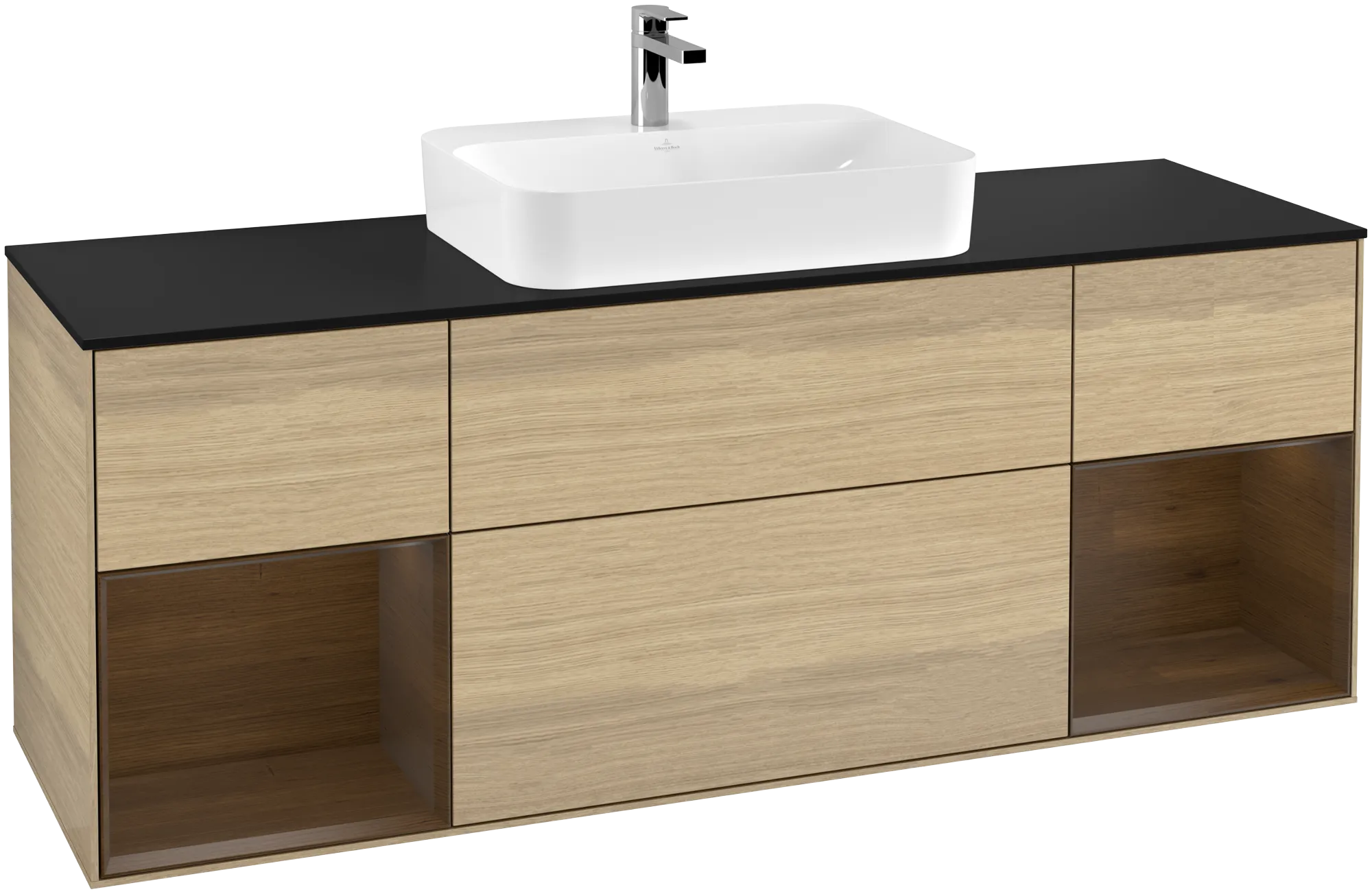 Bild von VILLEROY BOCH Finion Waschbeckenunterschrank, mit Beleuchtung, 4 Auszüge, 1600 x 603 x 501 mm, Oak Veneer / Walnut Veneer / Glass Black Matt #G452GNPC