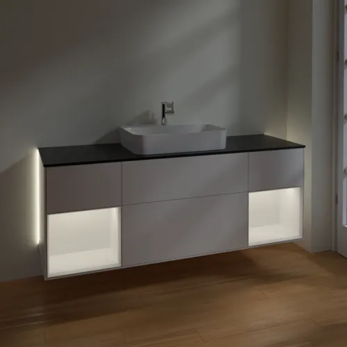 Bild von VILLEROY BOCH Finion Waschbeckenunterschrank, mit Beleuchtung, 4 Auszüge, 1600 x 603 x 501 mm, White Matt Lacquer / White Matt Lacquer / Glass Black Matt #G452MTMT