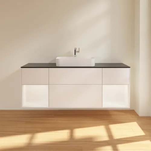 Bild von VILLEROY BOCH Finion Waschbeckenunterschrank, mit Beleuchtung, 4 Auszüge, 1600 x 603 x 501 mm, White Matt Lacquer / White Matt Lacquer / Glass Black Matt #G452MTMT