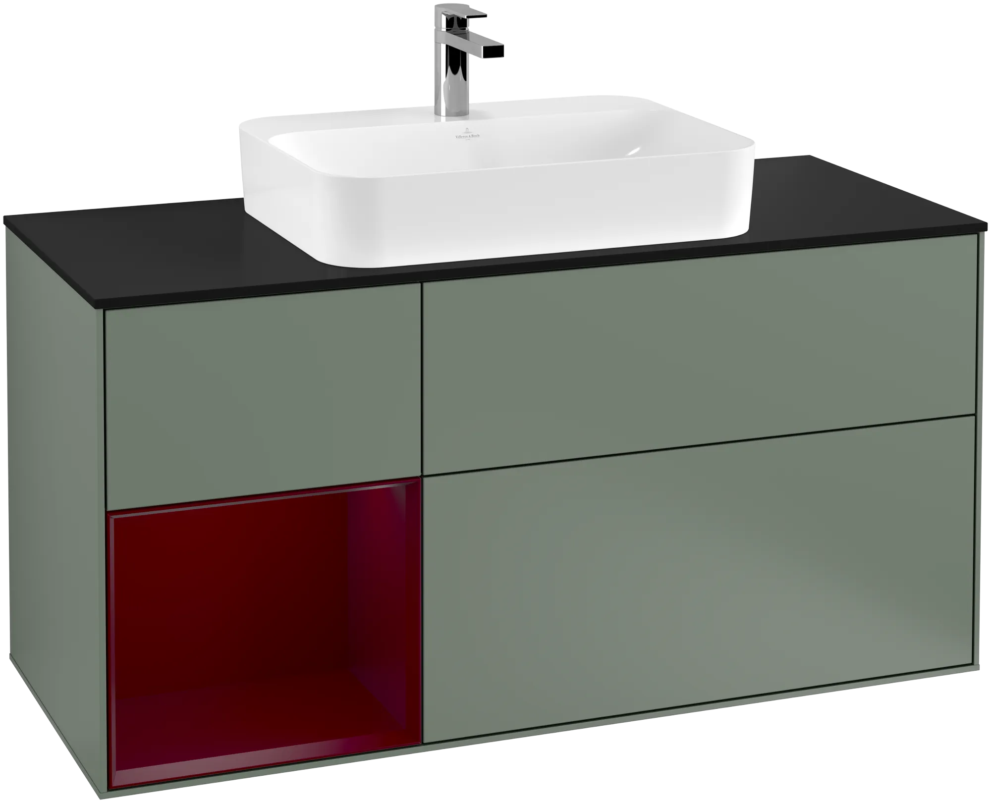 Bild von VILLEROY BOCH Finion Waschbeckenunterschrank, mit Beleuchtung, 3 Auszüge, 1200 x 603 x 501 mm, Olive Matt Lacquer / Peony Matt Lacquer / Glass Black Matt #G412HBGM