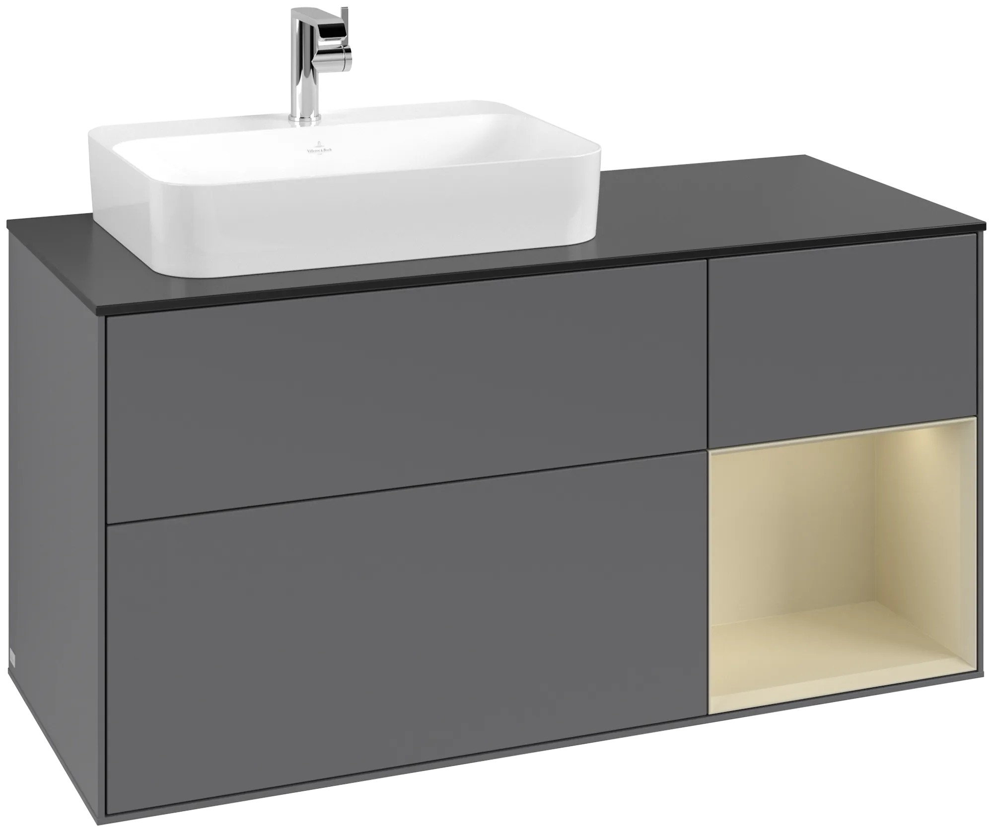 Bild von VILLEROY BOCH Finion Waschbeckenunterschrank, mit Beleuchtung, 3 Auszüge, 1200 x 603 x 501 mm, Anthracite Matt Lacquer / Silk Grey Matt Lacquer / Glass Black Matt #G402HJGK