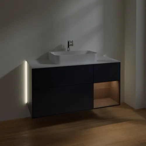Bild von VILLEROY BOCH Finion Waschbeckenunterschrank, mit Beleuchtung, 3 Auszüge, 1200 x 603 x 501 mm, Midnight Blue Matt Lacquer / Walnut Veneer / Glass White Matt #G421GNHG
