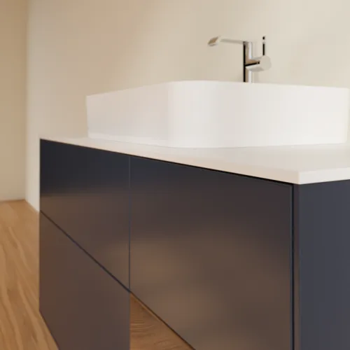 Bild von VILLEROY BOCH Finion Waschbeckenunterschrank, mit Beleuchtung, 3 Auszüge, 1200 x 603 x 501 mm, Midnight Blue Matt Lacquer / Walnut Veneer / Glass White Matt #G421GNHG