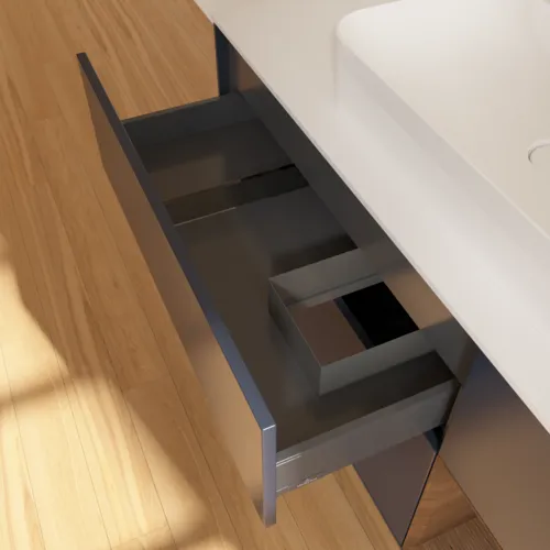 Bild von VILLEROY BOCH Finion Waschbeckenunterschrank, mit Beleuchtung, 3 Auszüge, 1200 x 603 x 501 mm, Midnight Blue Matt Lacquer / Walnut Veneer / Glass White Matt #G421GNHG