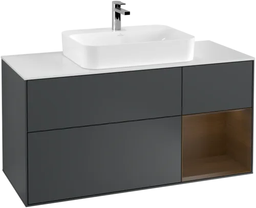 Bild von VILLEROY BOCH Finion Waschbeckenunterschrank, mit Beleuchtung, 3 Auszüge, 1200 x 603 x 501 mm, Midnight Blue Matt Lacquer / Walnut Veneer / Glass White Matt #G421GNHG