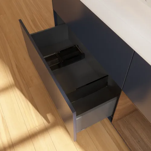 Bild von VILLEROY BOCH Finion Waschbeckenunterschrank, mit Beleuchtung, 3 Auszüge, 1200 x 603 x 501 mm, Midnight Blue Matt Lacquer / Walnut Veneer / Glass White Matt #G421GNHG